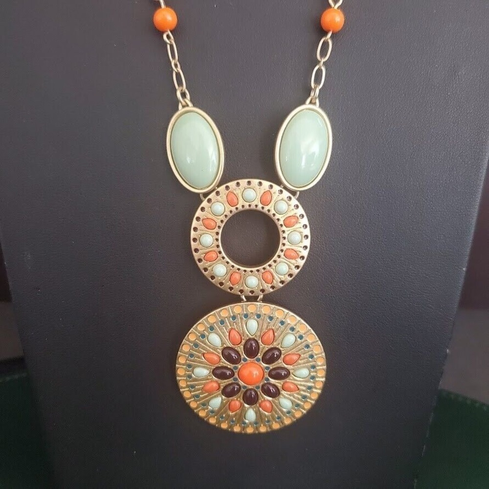 Lia Sophia Necklace ALICANTE Boho Turquoise Blue Orange Beads Gold Tone‎ 31 Inch